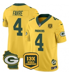 Men Green Bay Packers 4 Brett Favre Cheese Gold 2024 F U S E  13 Time World Champions And Home Patch Vapor Untouchable Limited Stitched Football Jersey