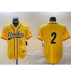 Men Pittsburgh Steelers 2 Justin Fields Yellow With Patch Cool Base Stitched Baseball Jersey 1