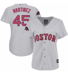 Womens Majestic Boston Red Sox 45 Pedro Martinez Authentic Grey Road 2018 World Series Champions MLB Jersey