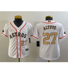 Youth Houston Astros 27 Jose Altuve White 2023 Gold Collection With World Serise Champions Patch Stitched Baseball Jersey