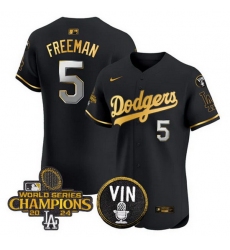 Men Los Angeles Dodgers 5 Freddie Freeman Black Gold 2024 World Series Champions With Vin Patch Vapor Limited Stitched Baseball Jersey