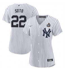 Women New York Yankees 22 Juan Soto White 2024 World Series With Name Cool Base Stitched Baseball Jersey