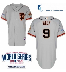 Mens Majestic San Francisco Giants 9 Brandon Belt Authentic Grey Road 2 Cool Base w2014 World Series Patch MLB Jersey