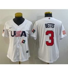 Women's USA Baseball #3 Mookie Betts 2023 White World Classic Replica Stitched Jerseys