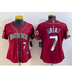 Women's Mexico Baseball #7 Julio Urias Number 2023 Red World Baseball Classic Stitched Jersey