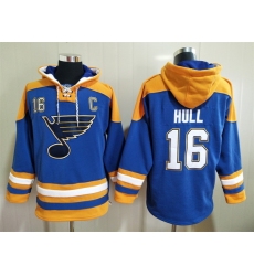 Men's St. Louis Blues #16 Brett Hull Blue Ageless Must-Have Lace-Up Pullover Hoodie