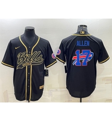 Men Buffalo Bills 17 Josh Allen Black Gold Team Big Logo With Patch Cool Base Stitched Baseball Jersey