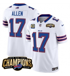 Men Buffalo Bills 17 Josh Allen White 2023 F U S E  AFC East Champions With 4 Star C Ptach Stitched Football Jersey