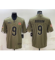 Men Cincinnati Bengals 9 Joe Burrow Olive 2022 Salute To Service Limited Stitched Jersey