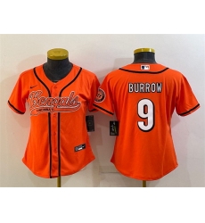 Women Cincinnati Bengals 9 Joe Burrow Orange With Patch Cool Base Stitched Baseball Jersey