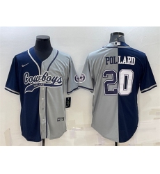 Men Dallas Cowboys 20 Tony Pollard Navy Grey Split With Patch Cool Base Stitched Baseball Jersey