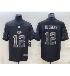 Men Green Bay Packers 12 Aaron Rodgers Black Reflective Limited Stitched Football Jersey