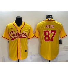 Men Kansas City Chiefs 87 Travis Kelce Gold With Patch Cool Base Stitched Baseball Jersey