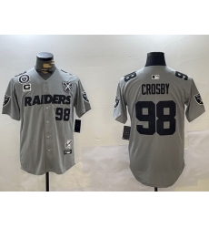 Men Las Vegas Raiders 98 Maxx Crosby Grey With Nevada Silver Stat Patch And 65th Anniversary Patch 3 Star C Patch Stitched Baseball Jersey 2