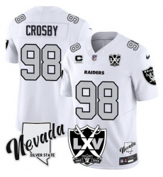 Men Las Vegas Raiders 98 Maxx Crosby White 2024 F U S E With Nevada Silver Stat Patch And 65th Anniversary Patch 3 Star C Patch Stitched Football Jersey