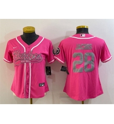 Women Las Vegas Raiders 28 Josh Jacobs Pink Silver With Patch Cool Base Stitched Baseball Jersey