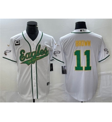 Men Philadelphia Eagles 11 A  J  Brown White Gold With C Patch Cool Base Stitched Baseball Jersey