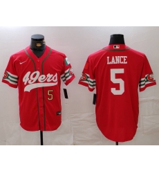 Men San Francisco 49ers 5 Trey Lance Red With Patch Cool Base Stitched Baseball Jersey 2