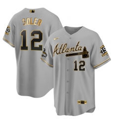 Men Atlanta Braves 12 Jorge Soler 2021 Grey Gold World Series Champions With 150th Anniversary Patch Cool Base Stitched Jersey