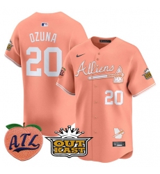 Men Atlanta Braves 20 Marcell Ozuna Peach 2024 Atliens  26 Peach With Outkast Patch Vapor Limited Stitched Baseball Jersey