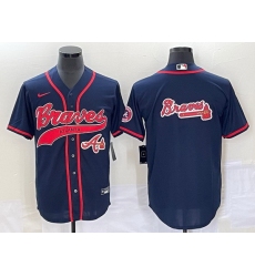 Men Atlanta Braves Navy Team Big Logo Cool Base With Patch Stitched Baseball Jersey