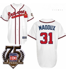 Mens Majestic Atlanta Braves 31 Greg Maddux Replica White w75th Anniversary Commemorative Patch MLB Jersey