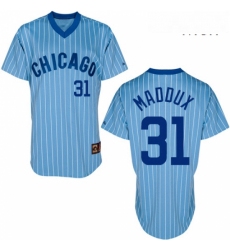 Mens Majestic Chicago Cubs 31 Greg Maddux Replica BlueWhite Strip Cooperstown Throwback MLB Jersey