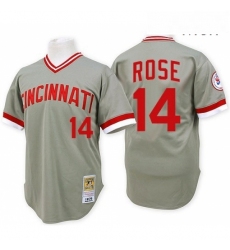 Mens Mitchell and Ness Cincinnati Reds 14 Pete Rose Replica Grey Throwback MLB Jersey