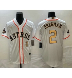 Men's Houston Astros #2 Alex Bregman Number 2023 White Gold World Serise Champions Patch Cool Base Stitched Jersey