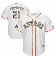 Mens Majestic Houston Astros 21 Andy Pettitte Replica White 2018 Gold Program Cool Base MLB Jersey