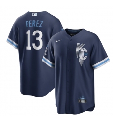 Men Kansas City Royals 13 Salvador Perez 2022 Navy City Connect Cool Base Stitched jersey