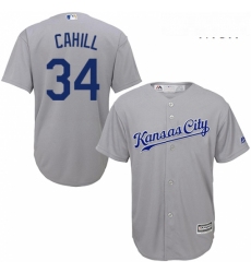 Mens Majestic Kansas City Royals 34 Trevor Cahill Replica Grey Road Cool Base MLB Jersey 