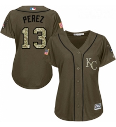 Womens Majestic Kansas City Royals 13 Salvador Perez Replica Green Salute to Service MLB Jersey