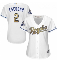 Womens Majestic Kansas City Royals 2 Alcides Escobar Authentic White 2015 World Series Champions Gold Program Cool Base MLB Jersey