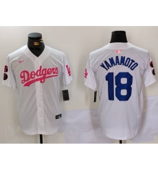 Men Los Angeles Dodgers 18 Yoshinobu Yamamoto White Pink Vin  26 Kobe Patch Stitched Baseball Jersey1