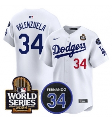 Men Los Angeles Dodgers 34 Toro Valenzuela White 2024 World Series With Fernando Memorial Patch Limited Stitched Baseball Jersey