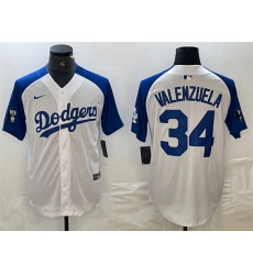 Men Los Angeles Dodgers 34 Toro Valenzuela White Blue Vin Patch Cool Base Stitched Baseball Jersey