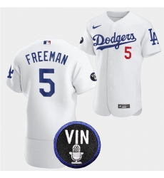 Men Los Angeles Dodgers 5 Freddie Freeman 2022 White Vin Scully Patch Flex Base Stitched Baseball Jersey