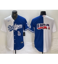 Men Los Angeles Dodgers Team Big Logo White Blue Split Cool Base Stitched Baseball Jersey 7