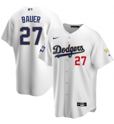 Men Los Angeles Dodgers Trevor Bauer 27 Championship Gold Trim White Limited All Stitched Flex Base Jersey