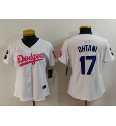 Women Los Angeles Dodgers 17 Shohei Ohtani White Pink Vin  26 Kobe Patch Stitched Baseball Jersey