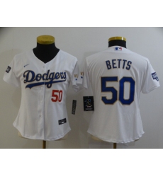 Women Los Angeles Dodgers Mookie Betts 50 Championship Gold Trim White Limited All Stitched Flex Base Jersey