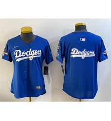 Women Los Angeles Dodgers Team Big Logo Royal 2024 World Series Champions With Fernando Memorial Patch Alternate Limited Stitched Baseball Jersey 28Run Sma