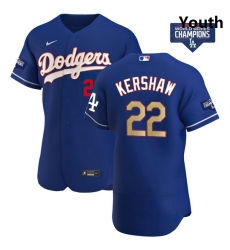 Youth Los Angeles Dodgers Clayton Kershaw 22 Gold Program Designed Edition Blue Flex Base Stitched Jersey