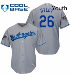 Youth Majestic Los Angeles Dodgers 26 Chase Utley Authentic Grey Road Cool Base 2018 World Series MLB Jersey