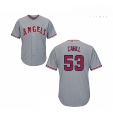 Mens Los Angeles Angels of Anaheim 53 Trevor Cahill Replica Grey Road Cool Base Baseball Jersey 