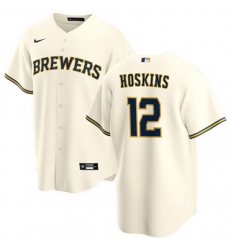 Men Milwaukee Brewers 12 Rhys Hoskins Cream Cool Base Stitched Baseball Jersey