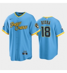 Men Milwaukee Brewers 18 Keston Hiura 2022 Powder Blue City Connect Cool Base Stitched Jersey