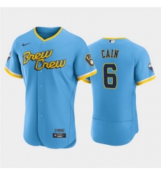 Men Milwaukee Brewers 6 Lorenzo Cain Powder Blue 2022 City Connect Flex Base Stitched MLB Jersey