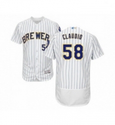 Mens Milwaukee Brewers 58 Alex Claudio White Home Flex Base Authentic Collection Baseball Jersey